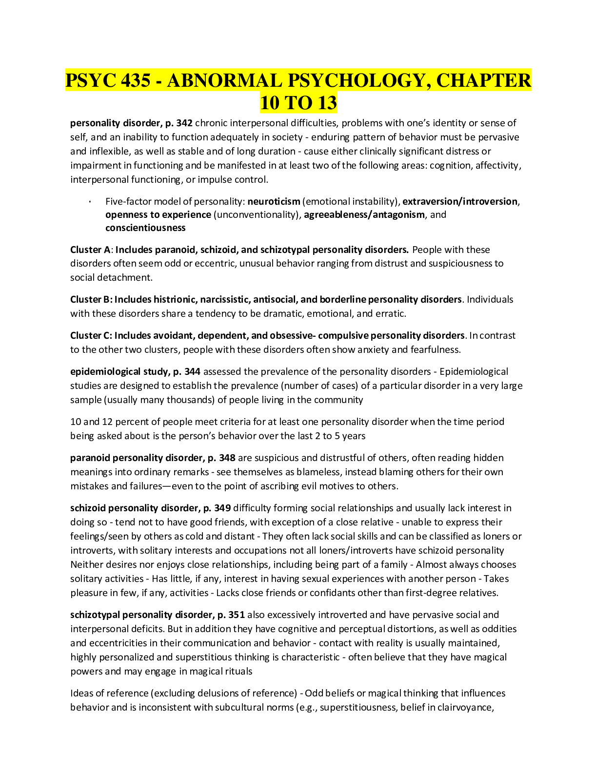 Preview of PSYC 435 - Abnormal Psychology, CHAPTER 10 to 13, Complete latest Test bank Questions and